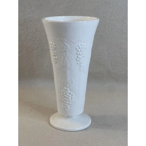Vintage Milk Glass Vase Tapered Grapes and Vines Kitchen Flowers French Country