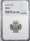 1939 D Mercury Silver Dime NGC MS 67 Gem Coin 10C