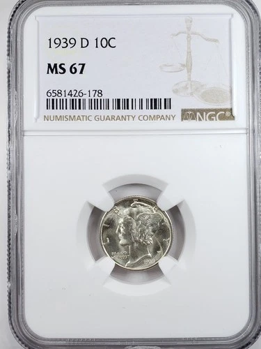 1939 D Mercury Silver Dime NGC MS 67 Gem Coin 10C