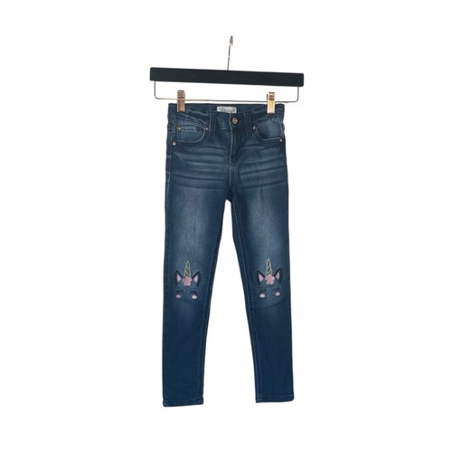 Revery Pants Girls Blue Denim Jeans Embroidered Unicorn Mid Rise Skinny Size 6