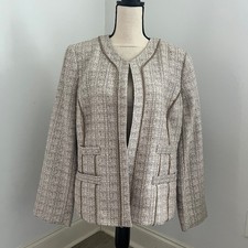 Chicos Tan Tweed Blazer sz 2/L Collarless Ribbon Trim Jacket Vtg Academia Office