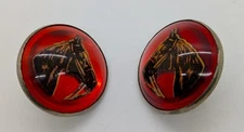 Vintage red dome glass bridle rosettes horse equestrian PAIR