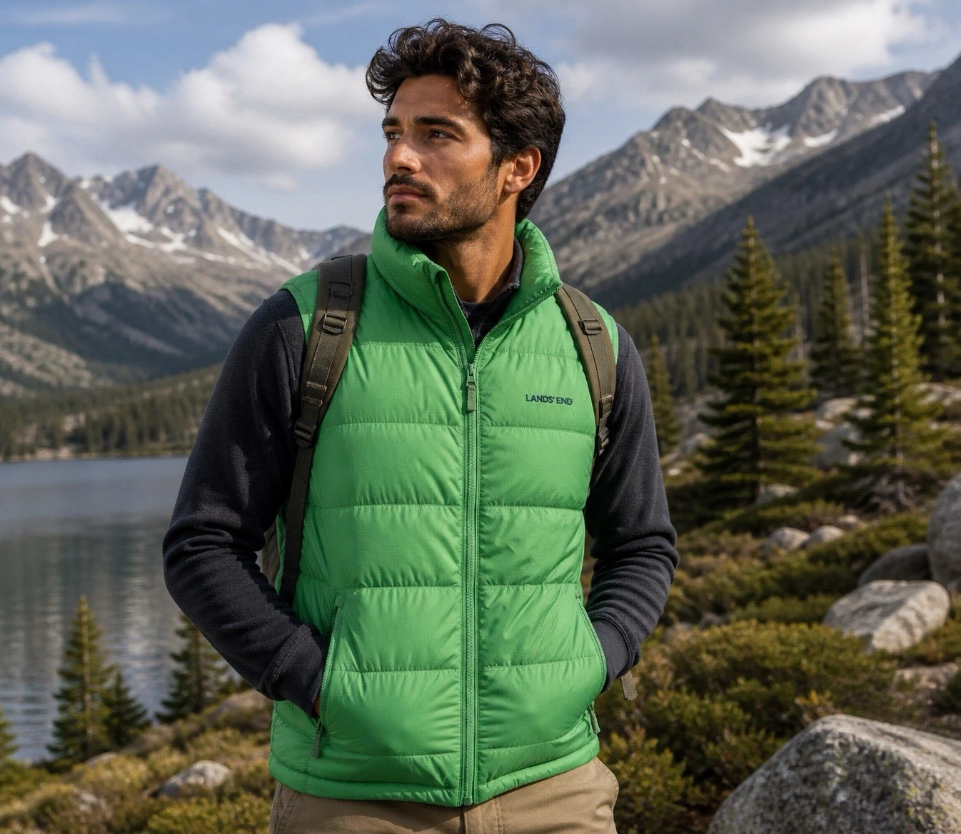 ❤️❤️Lands End Vest Mens Green Goose Down Puffer . Hiking Camping Med 38-40