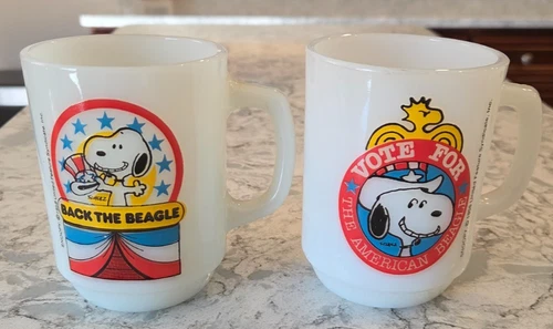 Vintage 1980 Peanuts Snoopy Mug Cup Milk Glass No 1 & No 2 Vote for Lot of 2