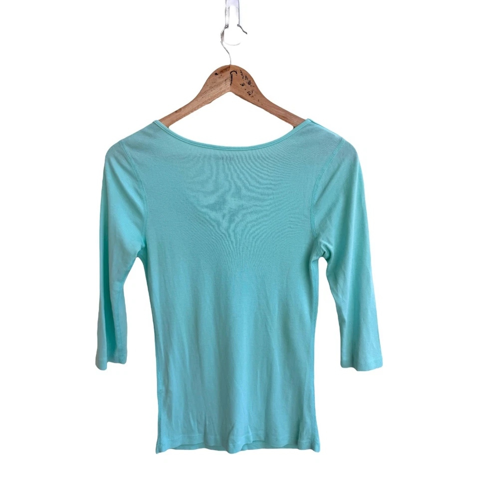 Pullover tejido manga 3/4 cuello drapeado azul claro tres puntos para mujer talla XS Foto 2 de 4