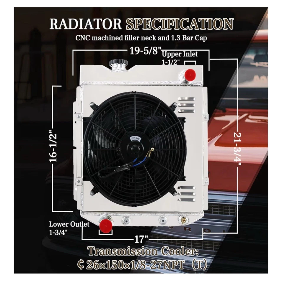 3 行全铝 CU251 散热器组件 14 英寸风扇 1960 - 66 野马 61 - 65 彗星 — 第 3/4 张图片