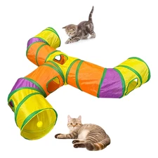 Colorful Long T-Shaped Cat Tunnel Toy Foldable Interactive Play Tube with Hangin