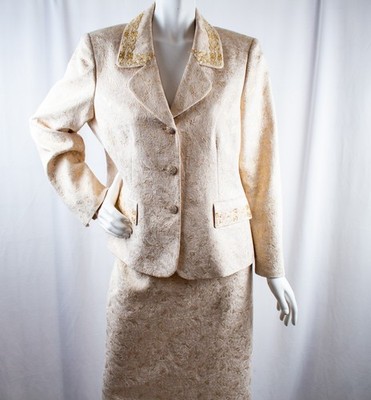 KASPER New Ivory Gold Embellished Floral Rhinestone Women Skirt Suit Size 16