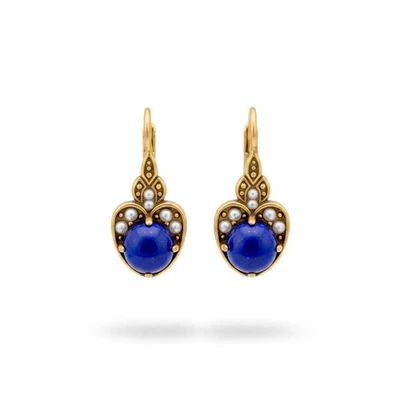 Boucles d'oreille Dormeuse Doré Vieilli Feuille Cabochon Lapis Lazuli Bleu SB65 - Photo 1/4
