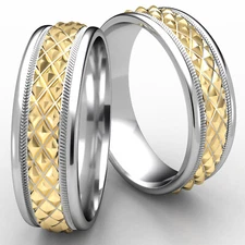 8mm Cross Hatch Rope Round Edge Carved Wedding Band Unisex 14K Two Tone Gold