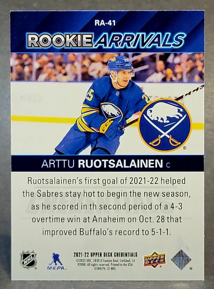 2021-22 Upper Deck Credentials Rookie Arrivals #RA-41 Arttu Ruotsalainen - Image 2 of 2