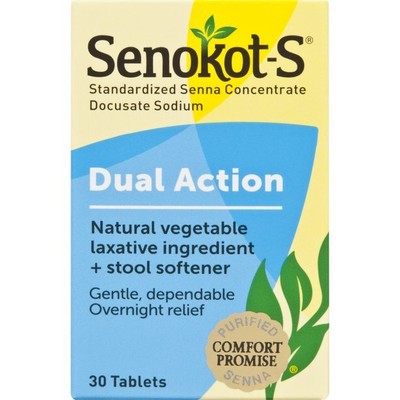 Senokot S Docusate Sodium Natural Laxative Stool Softener Gentle Tablets 30 ct