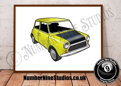 Mr Bean s Mini Cooper BLUEPRINT Illustration,High quality, Signed.Limited