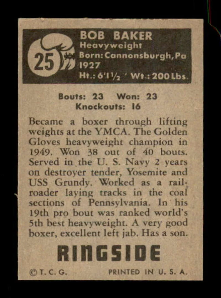 1951 Topps Ringside #25 Bob Baker EXMT+ 543181 - Image 2 of 2