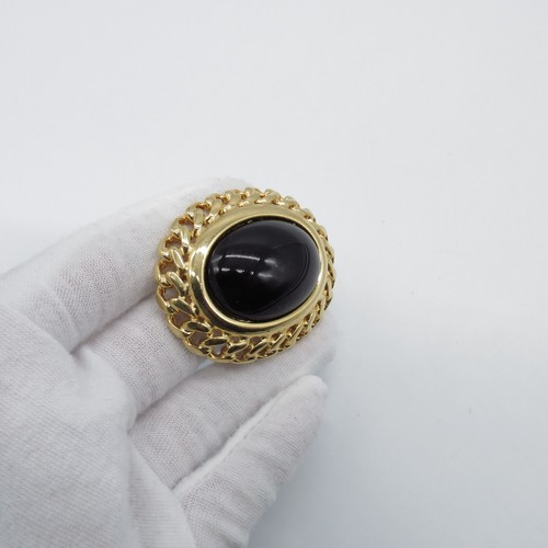 Vintage NAPIER schwarz Glas Cabochon Anstecknadel Brosche oval goldfarben schlicht klassisch - Bild 7 von 11