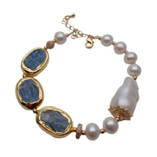 Cultured White Keshi Pearl Natural Blue Kyanite Bracelet Fashion Fine Handmade