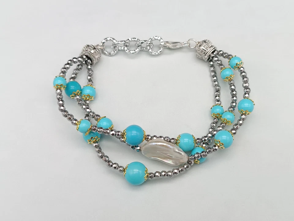 bracciale donna multifilo turchese perle barocche naturali argento 925 ematite - Immagine 2 di 4