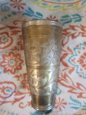 Antique Old Rare Hand Carved Brass Taj Mahal Engraved Lassi Glass Decorative Cup