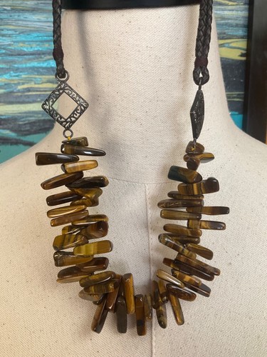 Vintage ! *Tiger Eye* Necklace Natural Stone Bead Bronze Leather Band *18" Inch* - Picture 9 of 11