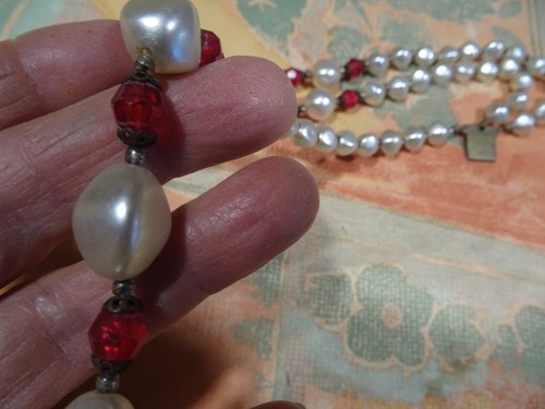 joli collier perles baroques et verre rouge =3rangs - Picture 4 of 24