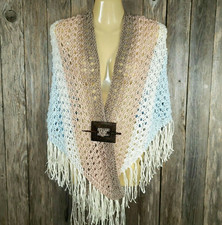 NEW Blue Beige Cream Ombre Hand Knit Knitted Shawl Wrap Scarf Boho Hippie