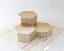 Set of 3 Gold Hexagon Wooden Display Risers Matte Finish Pedestal Stands