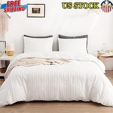 White Duvet Cover Set King Size Striped Textured Duvet Cover Tufted Bedding 3 Pc