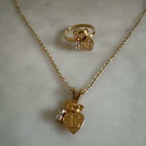 Vintage Gold Tone Heart Bear With Rhinestone Stone “E” Namesake Necklace & Ring