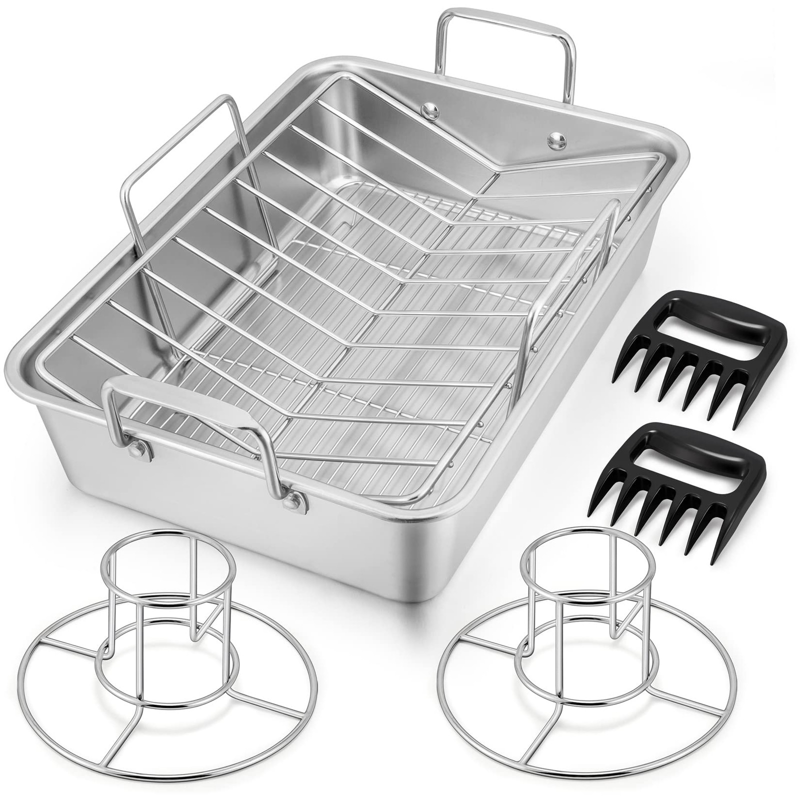 16" Roasting Pan with Rack, 7 PCS P&P CHEF Stainless Steel Large, Silver