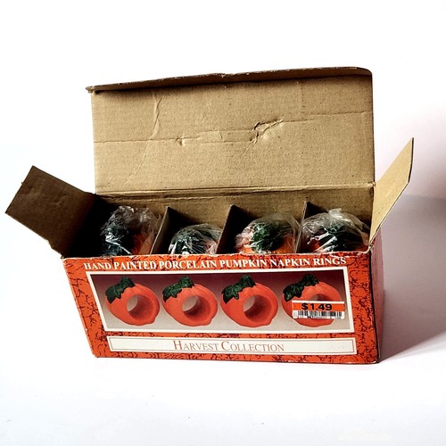 Hand-Painted Pumpkin Napkin Rings (Set of 4) Porcelain Harvest Collection w/ Box - Picture 6 of 12