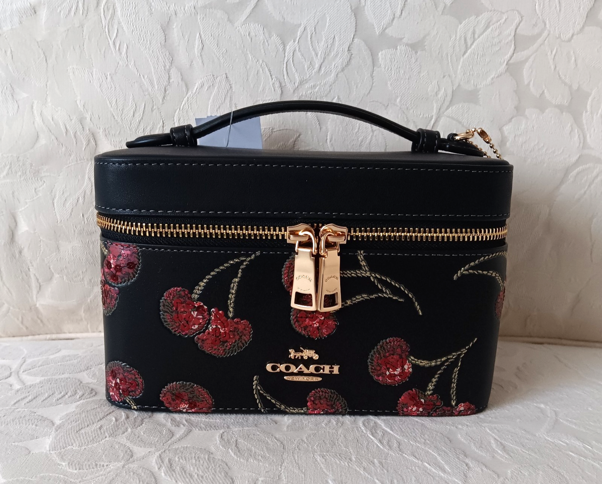 Coach Top Handle Leather Cosmetic Case W/ Cherry Print CDC13 Black