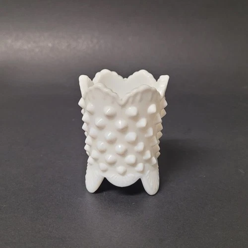 Vintage Fenton Hobnail White Milk Glass Toothpick Holder 3 Footed Scalloped