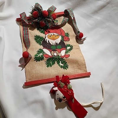 Vintage Scandinavian Folk Art Christmas Wall Hanging Swedish Elf Gnome Cat Jute