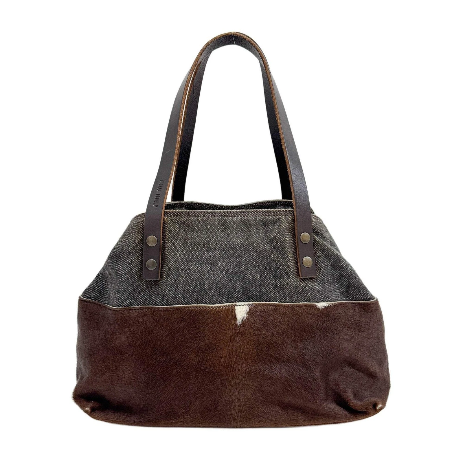Miu Miu — MIU MIU Denim Trim Brown Cow Print Pony Hair Tote Bag