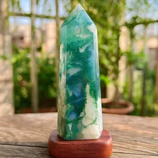 Moss Agate Tower Crystal Point Natural Stone Wand Energy Healing Home Decor 1Pc