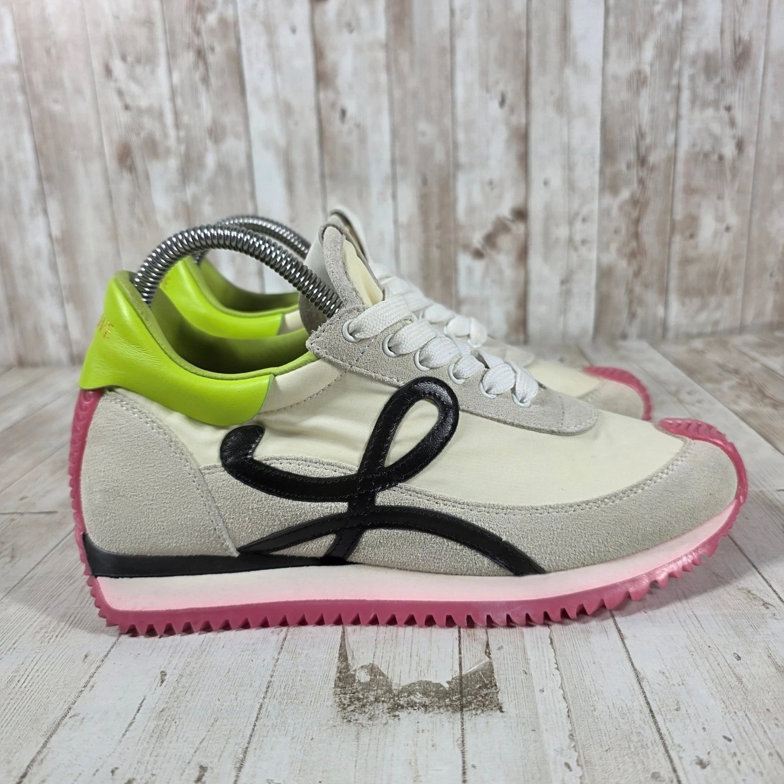 Loewe — Loewe Flow Runner Sneakers Cream Pink Lime Green Suede Nylon L815282X52 Size 38