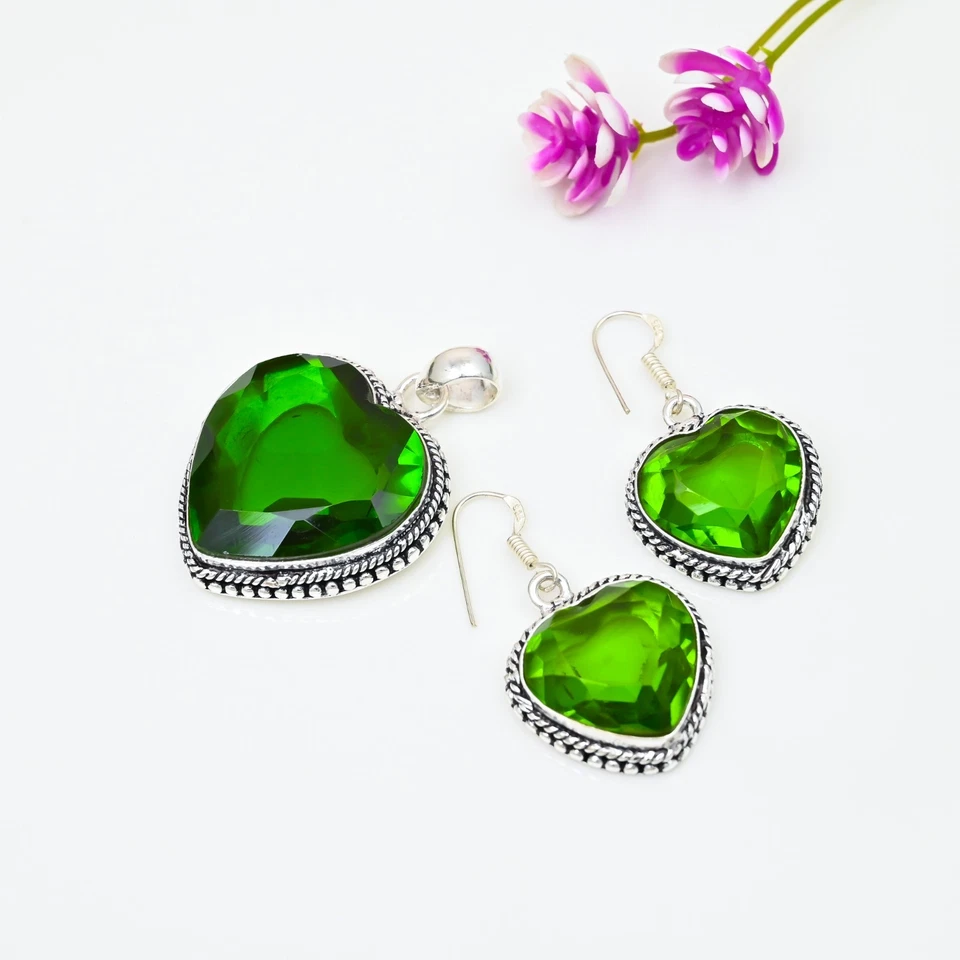 Peridot Gemstone Handmade 925 Silver Pendant & Earring Jewelry Set Wadding Gifts - Image 2 of 4