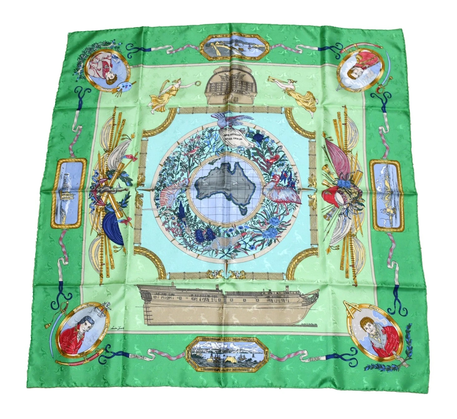 Hermes Scarf Le Geographe 90 cm silk green geography Carre map 35"