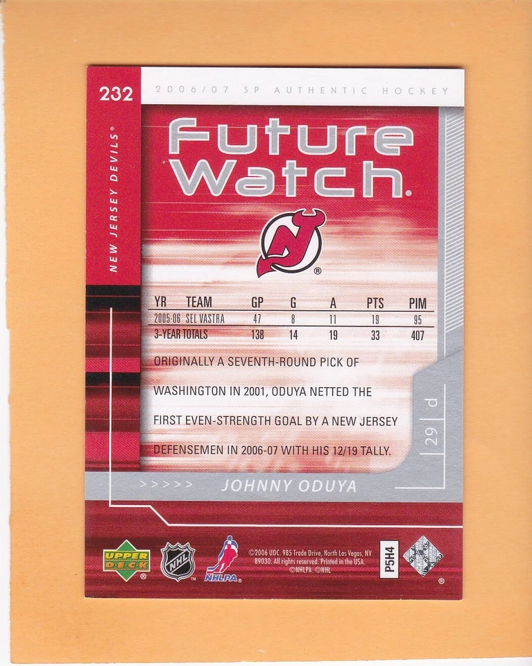 JOHNNY ODUYA #232 2006-07 SP AUTHENTIC ROOKIE SP 999 NEW JERSEY DEVILS NM-MT - Image 2 of 2