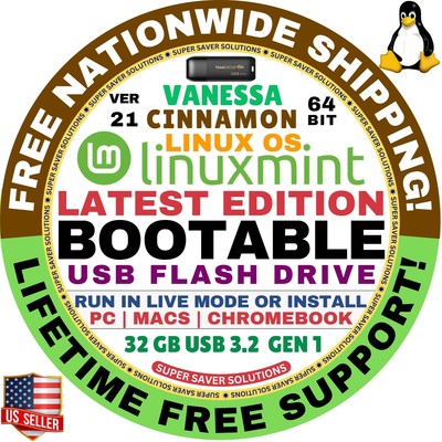 Linux MINT 21 USB VANESSA Cinnamon 64-Bit Live Boot, Full Install for MAC, PC