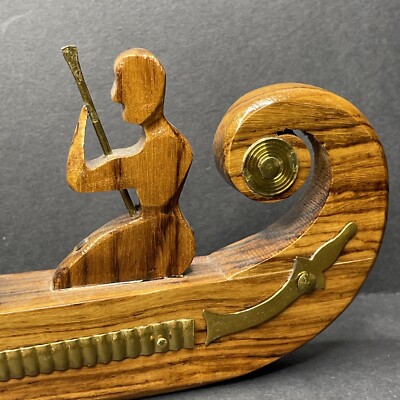 Hand-Carved Solid Wood & Brass Viking Boat With Treasure 12 Inch