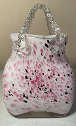 Vintage Art Hand Blown Glass Murano Style Purse Handbag Vase 9” Tall - Afbeelding 1 van 4