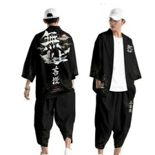 Men Kimono Coat Jacket Top Pants Trousers Outwear Japanese Yukata Casual Fashion