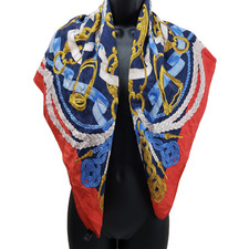 Women's Scarf Silk Red Blue Gold Equestrian Motif 33/33" Square Made In Italy