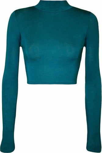 Women Long Sleeve Plain Turtle Polo Neck Ladies Stretch Crop Top Dance Yoga Vest - Picture 52 of 60