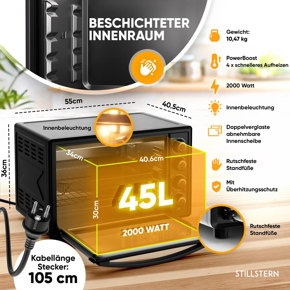 Minibackofen mit Umluft 45L Timer Doppelglas Drehspieß Mini Backofen Pizzaofen - Bild 4 von 4