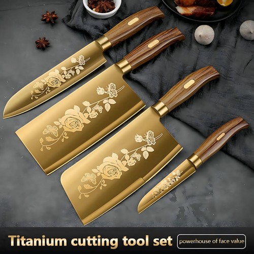 4pc gold-plated titanium kitchen knife sharp Meat slicing knife commercial knife