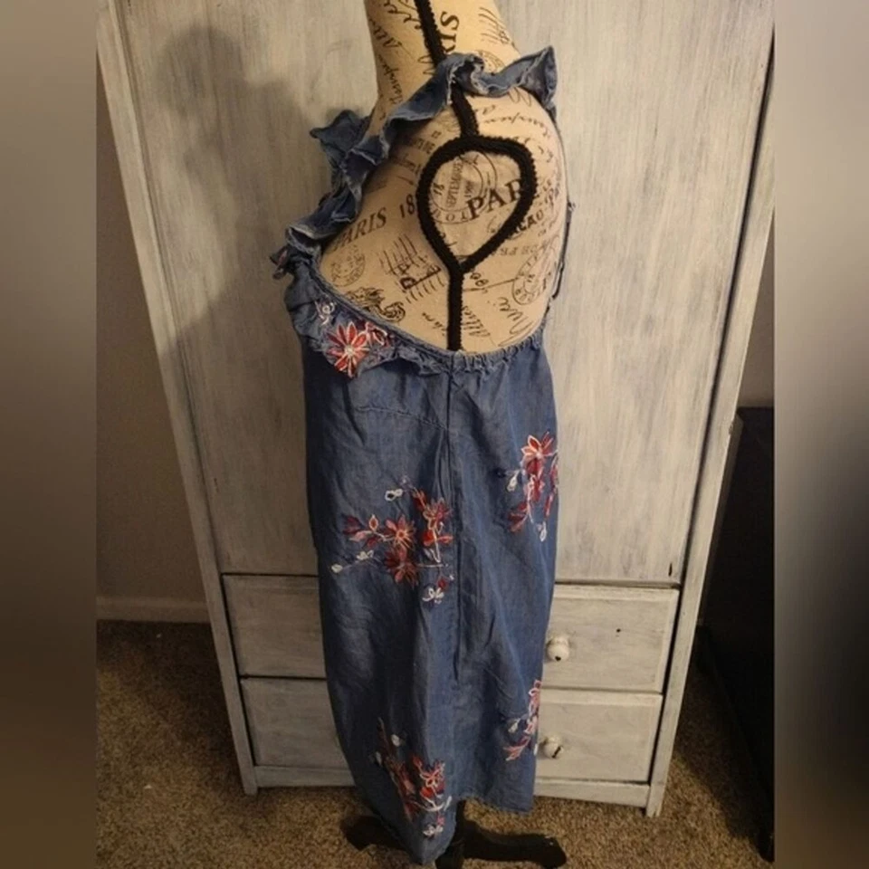 Vestido Romeo + Julieta Alta Costura Bordado Denim Sin Mangas Md Boho Cottage Core Foto 4 de 4