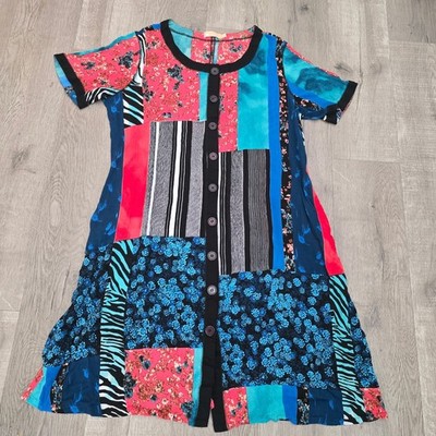LA CERA Patchwork Button Dress XL Boho Artsy Short Sleeve Lagenlook Bohemian
