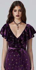 NWT Cider VELVET V-NECK STAR RUFFLE TIE BACK MIDI DRESS Sparkly Purple Witchy, M